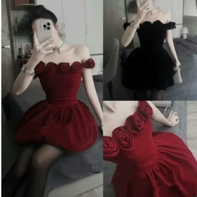 P186 พร้อมส่งในไทย ชุดเดรสปาดไหล่แต่งดอกไม้เดรสดัดรูป