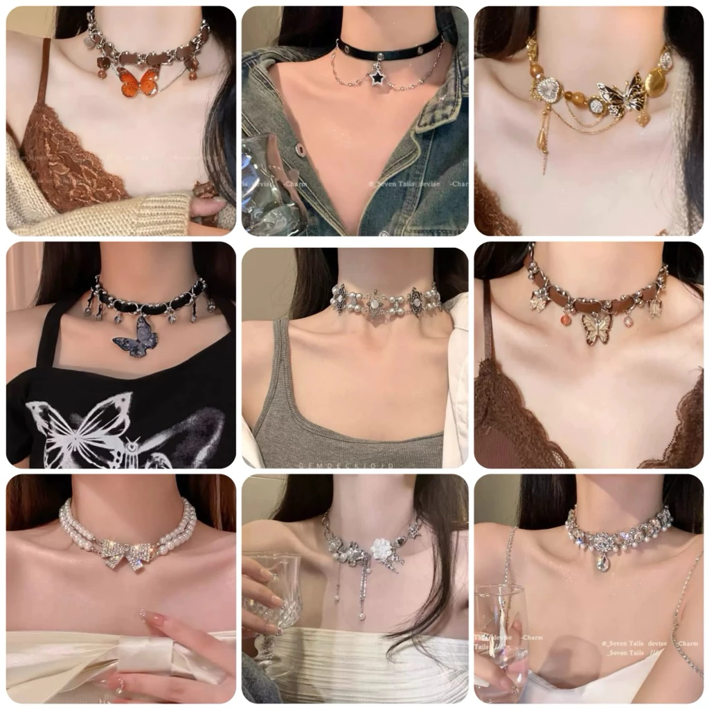 สร้อยคอผีเสื้อกำมะหยี่เนื้อหนาและโชกเกอร์ไข่มุก