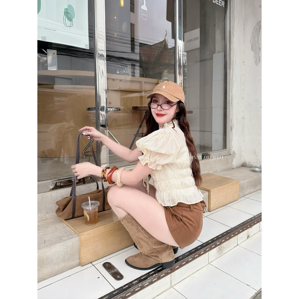 Puff Crop เสื้อครอปแขนตุ๊กตา ลายจุด จั๊มเอว - รูปที่ 5