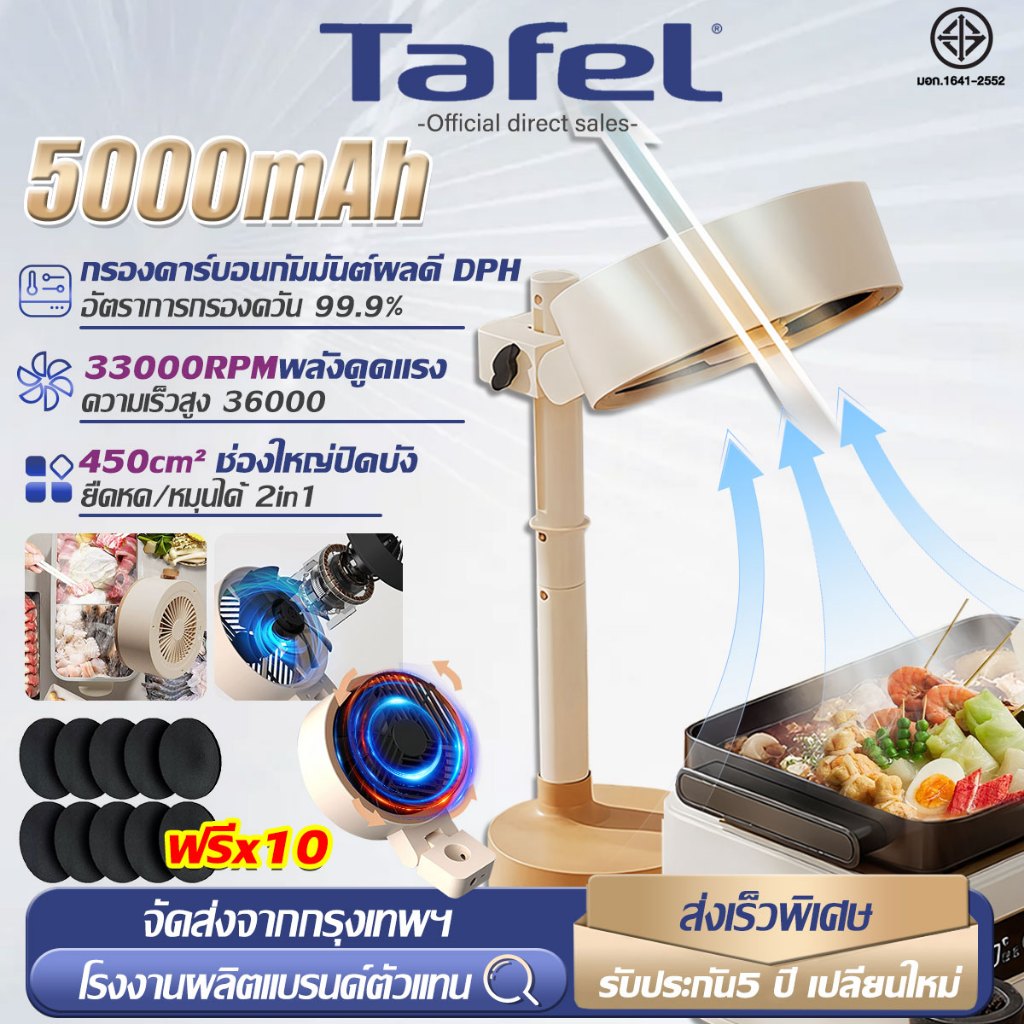 [รับประกัน 5 ปี] เครื่องดูดควันไร้สาย 5000mAh 450cm² ครอบคลุมช่องใหญ่ เครื่องดูดควันตั้งโต๊ะ พัดลมดูดควัน พัดลมระบาย