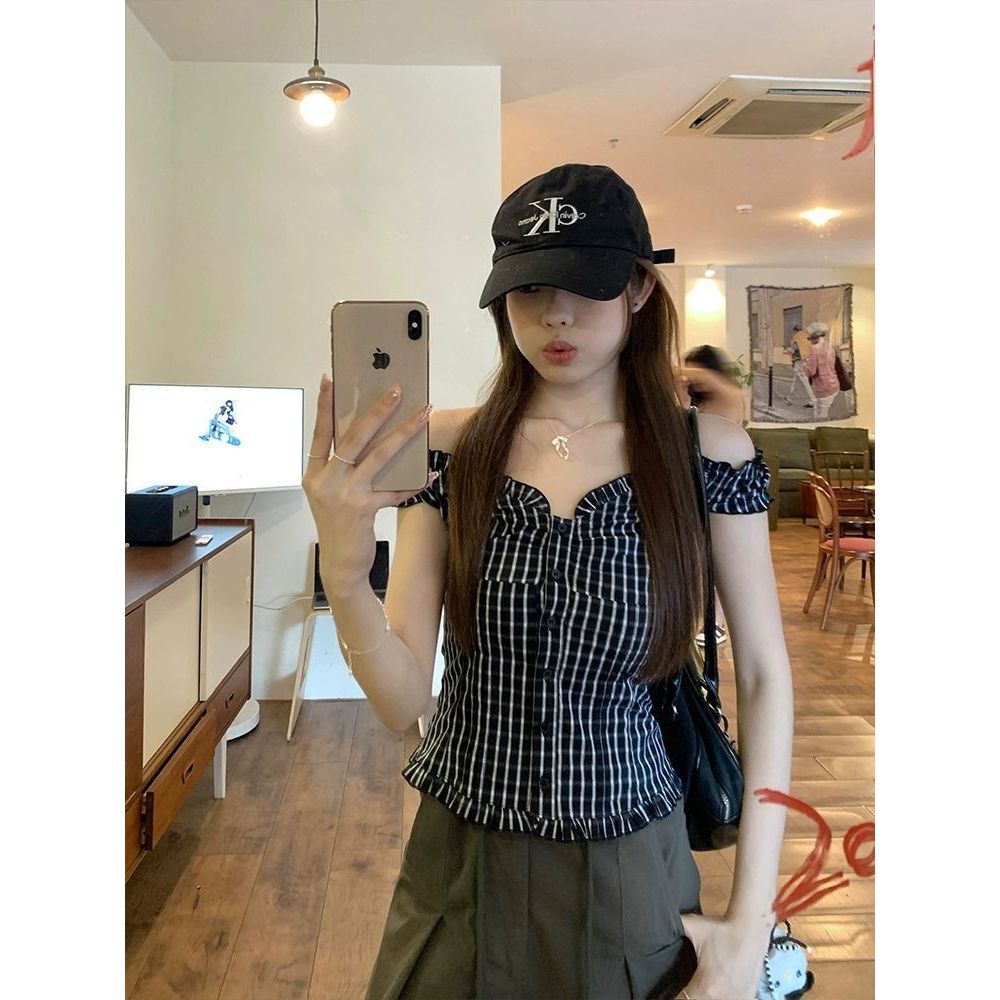 MONA~xเวอร์ชันเกาหลี คอวี เปิดไหล่ ตาราง เสื้อเชิ้ต รุ่นใหม่ แฟชั่น สไตล์หวาน