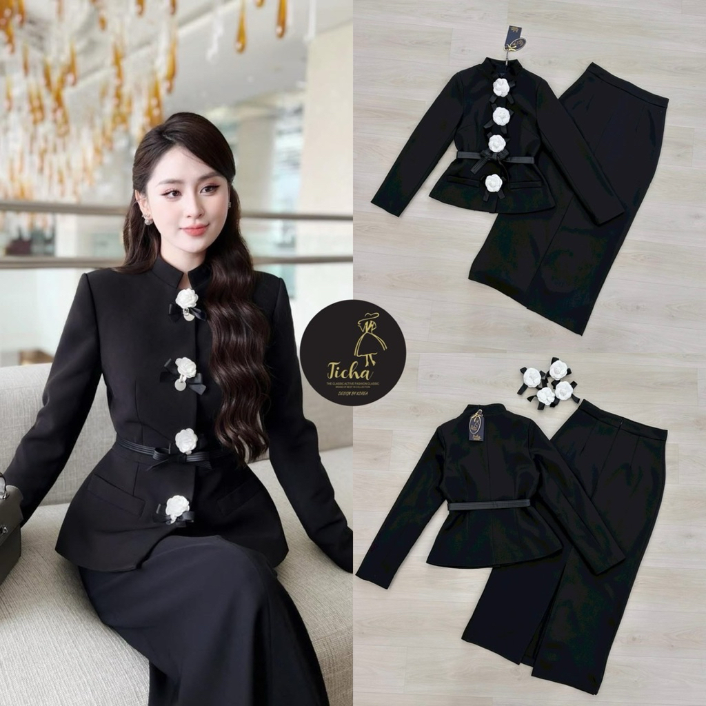 ชุดไปงานสีดำ Set2ชิ้น เสื้อแขนยาวสีดำทั้งชุด คอจีน+กระโปรง Ticha