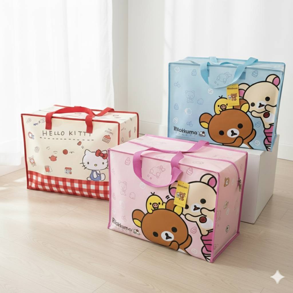 กระเป๋ากระสอบ ถุงกระสอบจัดเก็บผ้าห่ม/เสื้อผ้า ลาย Rilakkuma & Hello Kitty (ไซส์ใหญ่) กันฝุ่น กันน้ำ