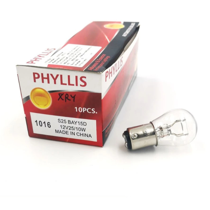 ส่งไว หลอดไฟท้าย ไฟถอย ไฟเบรค 12V 25/10W 2 จุด เขี้ยวตรง สีใส No.1016 PHYLLIS S25 BAY15D 12499CP A4879