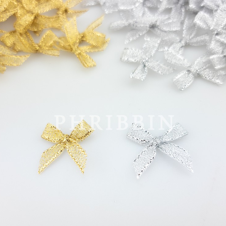 มินิโบว์ 7มิล ถุงละ100ชิ้น ริบบิ้นทรายสีเงิน-สีทอง