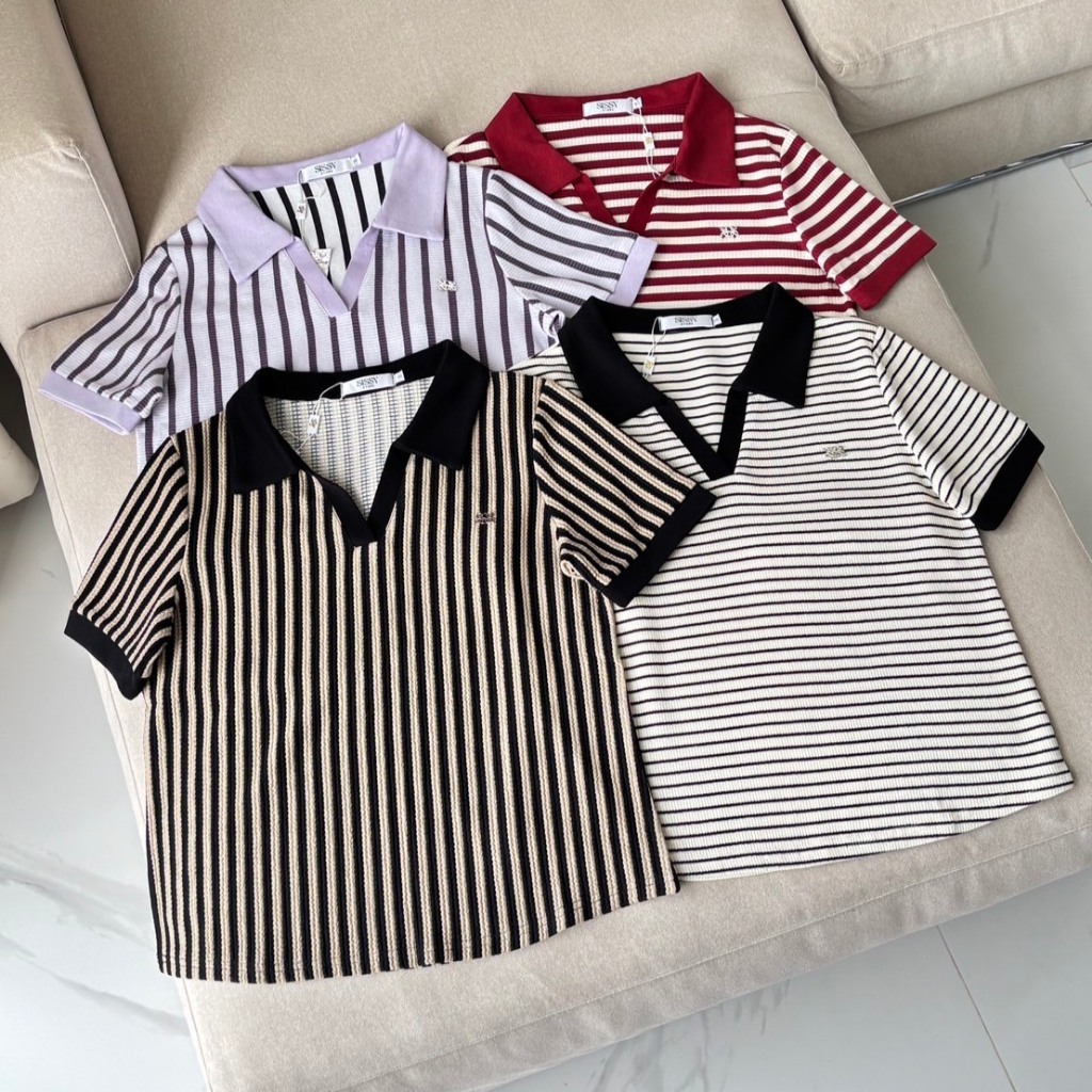 SISSY : เสื้อคอปกวี แขนสั้น (XS-XXL) ผ้าทอคอตตอนผสมสเปนเดกซ์ ผ้านุ่มสบาย