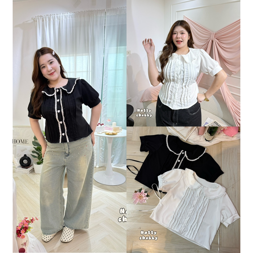 เสื้อคอบัวแขนตุ๊กตา แต่งลูกไม้น่ารักๆ อก 38-50“  ทรงสวยมาก  เสื้อผ้าสาวอวบอ้วน พลัสไซส์ ไซส์ใหญ่ NC