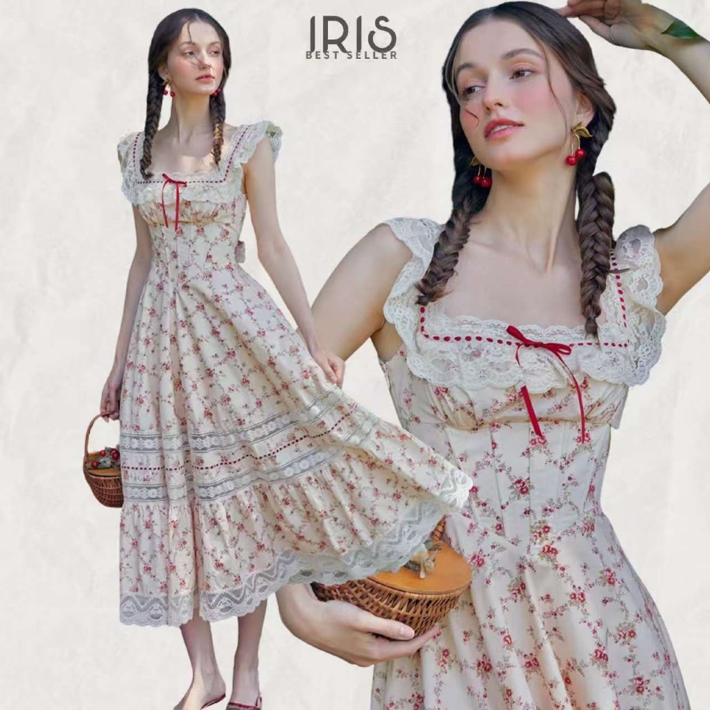 IRIS BOUTIQUE X LACE MADE Red pomegranate Dress ID240104ชุดเดรสผู้หญิง ลายดอกไม้ ใส่ออกงาน ผ้านิ่มใส่สบาย