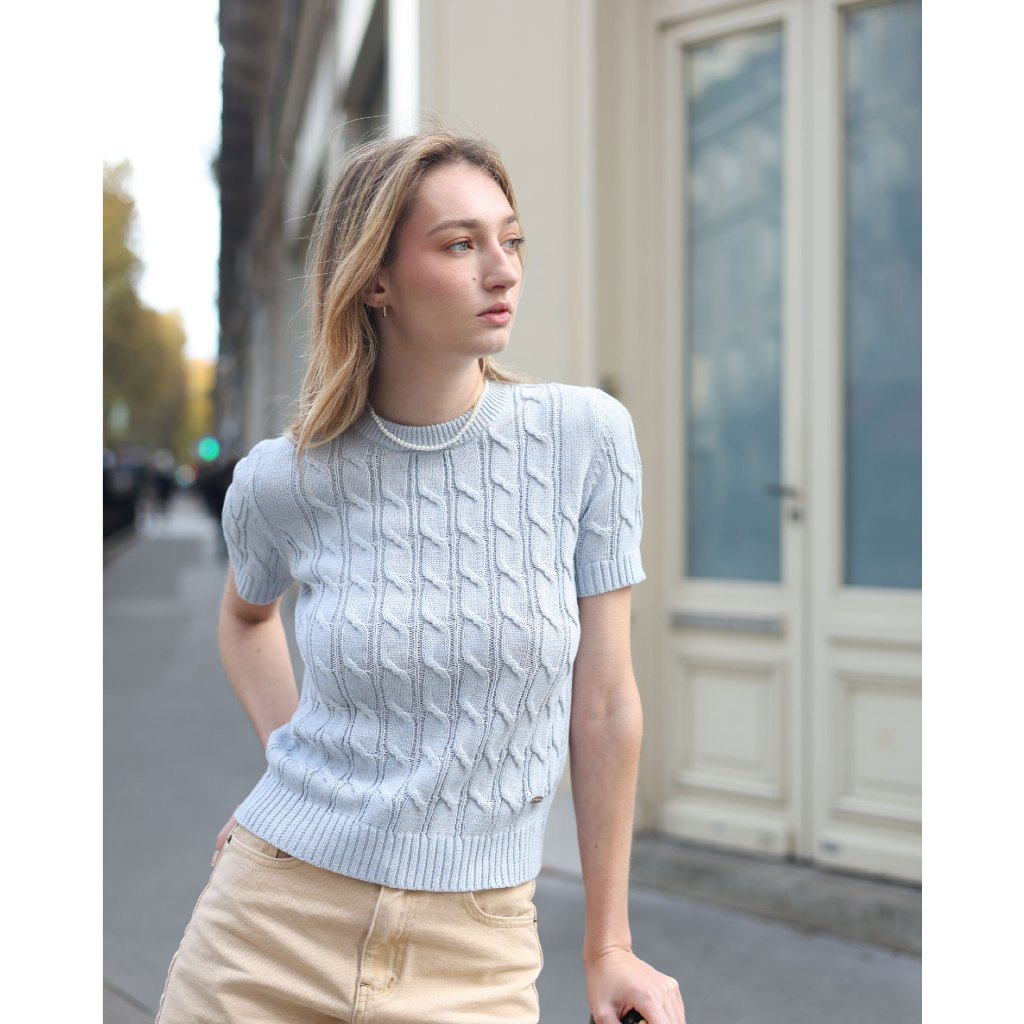 knitCircle - SUMMER Cable Tee (3 สี) เสื้อไหมพรมแขนสั้น แบบสวมหัว ทรงพอดีตัว ลายทอโซ่ตลอดทั้งตัว ลายทอชัด ใส่สบาย