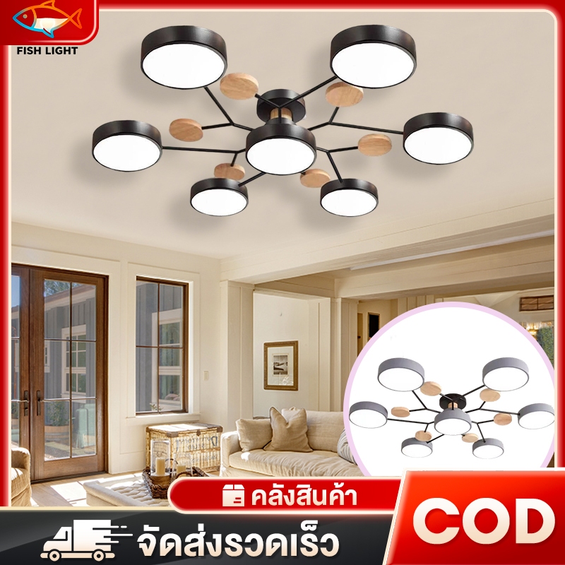 โคมไฟเพดาน LED โคมไฟแขวนไม้ฝังเพดาน โคมไฟระย้าหรี่แสงได้ 3 สี เหมาะสำหรับห้องนั่งเล่น ห้องนอน ห้องครัว และร้านทำผม