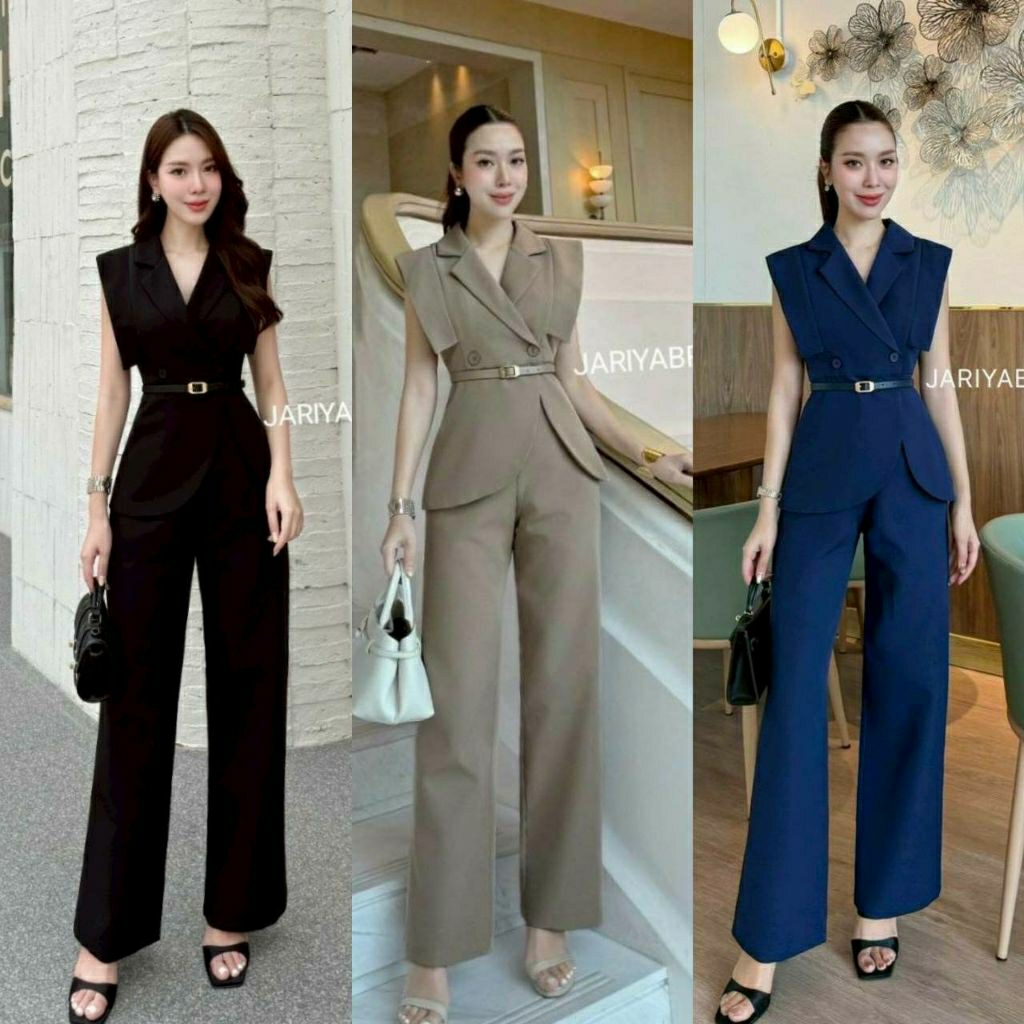 (S-XL)     Jariya   📣พร้อมส่งเซ็ทเสื้อแขนกุดคอปก+เข็มขัด+กางเกงขายาวทรงสวย
