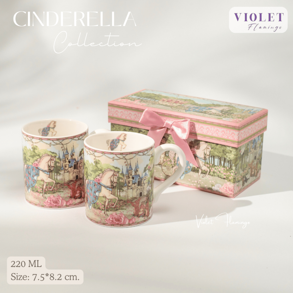 Violet Flamingo Cinderella Collection – แก้วมัคพร้อมกล่องของขวัญ ลายรถม้า & ปราสาท เนื้อเซรามิกพรีเมียม