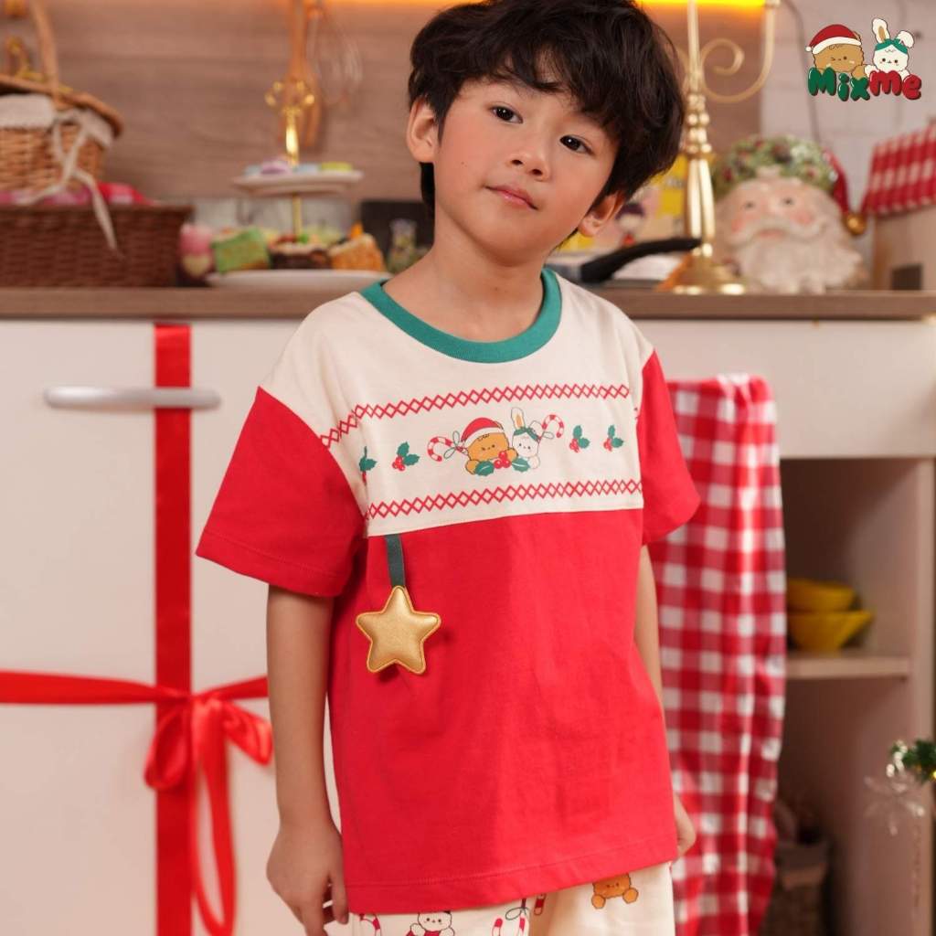Mix Me เสื้อยืด กางเกงขาสั้น ลายคริสต์มาส  ผ้า Single Jersey Cotton เด็กชาย อายุ 1-7 ปี เสื้อผ้าเด็ก