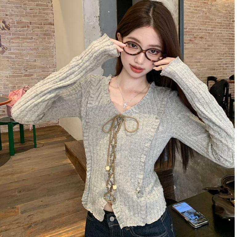 Lalisa พร้อมส่ง🍑เสื้อแขนยาวผู้หญิง คอวีแต่งเซื่อกผูก สีน้ำตาลดีไซน์เรียบหรูเสื้อกันหนาวเสื้อคาร์ดิแกนงานสวยแฟชั่นเกาหลี - รูปที่ 6