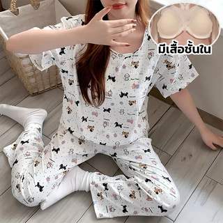 ชุดนอนผ้าไหมญี่ปุ่น ชุดนอนแขนสั้น มีบราในตัว ผ้าบางไม่ร้อน ชุดนอนคอกลม ลาย ชุดนอนลายกาตูน เสื้อยืดคอกลม+กางเกง