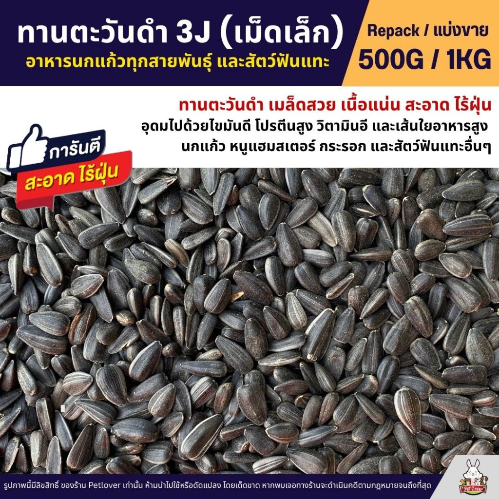 ทานตะวันดำ 3J เม็ดเล็ก เกรดA อาหารนกแก้ว และสัตว์ฟันแทะ สะอาด ร่อนฝุ่น (แบ่งขาย 500G / 1KG)