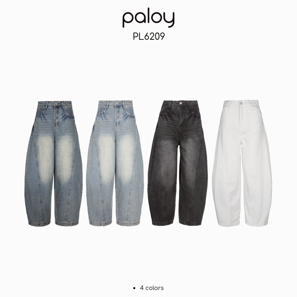 Paloy - PL6209 กางเกงยีนส์ทรงบาร์เรล แต่งเฟด กระเป๋าสายฟ้า (Barrel Jeans)