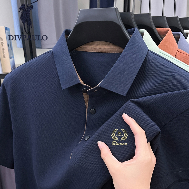 DIVPOLO 1099-MS ผู้ชายผ้าฝ้ายแท้เสื้อโปโลปกปักแขนสั้นสีทึบสบายๆทุกการแข่งขันเสื้อยืด