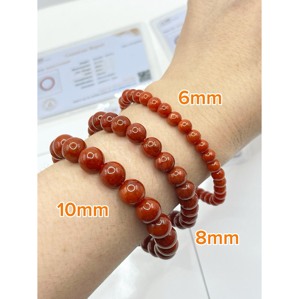 สร้อยข้อมือหยกแดงของแท้ขนาด 6-10mm ทุกเส้น มีใบเซอร์จากสถาบันตรวจสอบอัญมณี GBI หยกสีสวยหายากน่าสะสมคะ