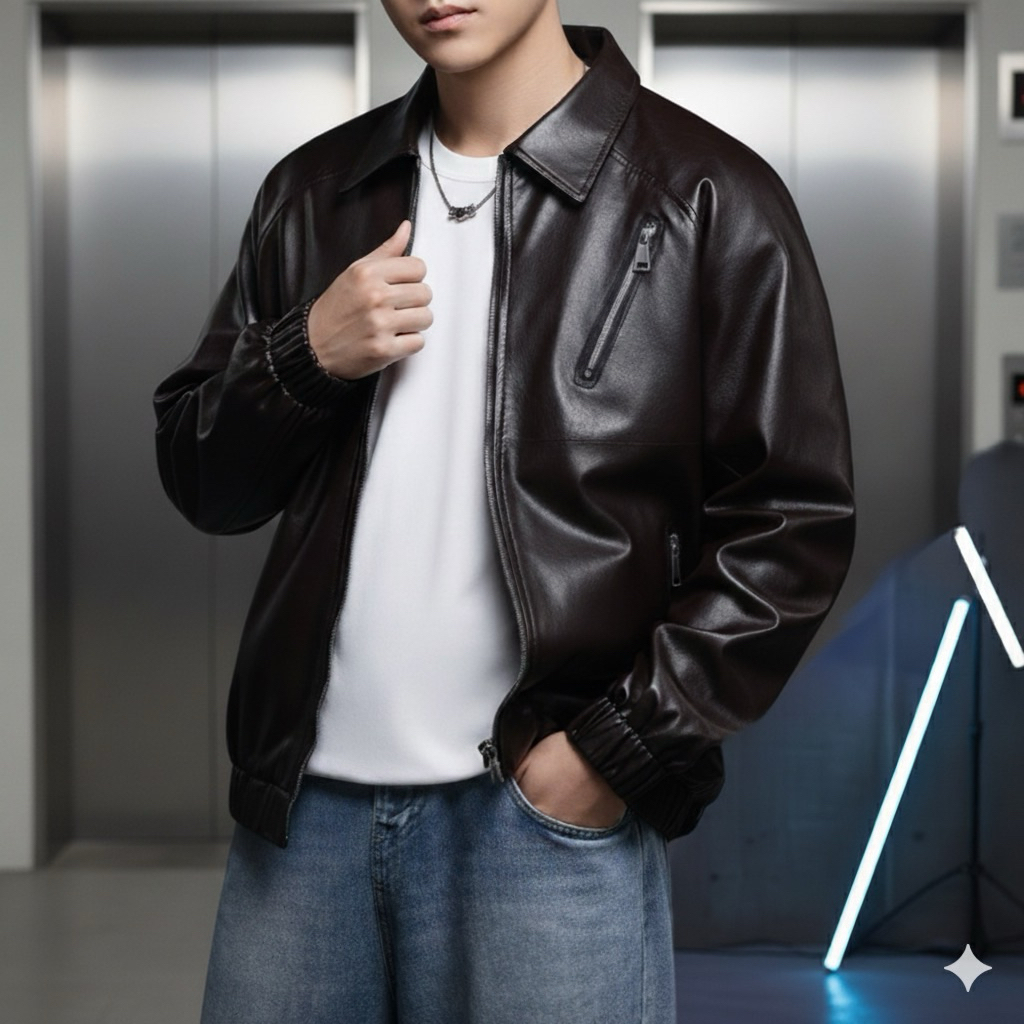 เสื้อแจ็คเก็ตหนังสีดำคอปกเรียบง่ายคลาสสิก ผู้ชายคุณภาพสูง 8818 แขนยาว ทรงหลวม