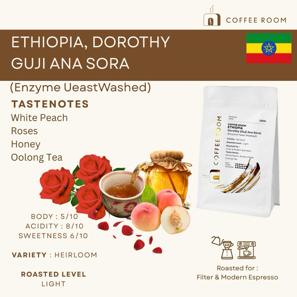 Ethiopia, Guji Ana Sora | กาแฟคั่วอ่อนที่มีความหวานสดใสของน้ำผึ้งและกลิ่นดอกไม้สีแดง และมีความละมุนแบบพีชญี่ปุ่น
