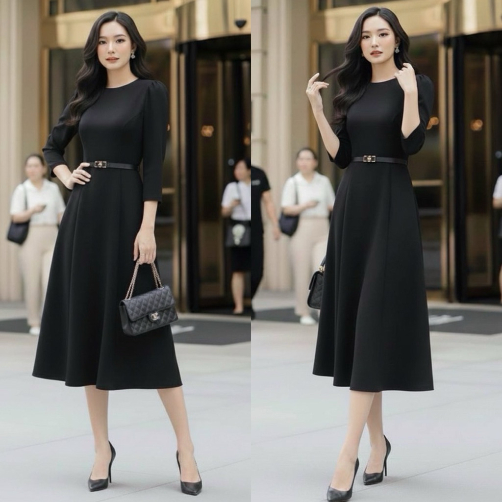 งานเดรสดำคอกลมสีพื้น สินค้าพร้อมส่ง ‼️ กระโปรงทรงย้วยทิ้งตัว ผ้าดีมาก