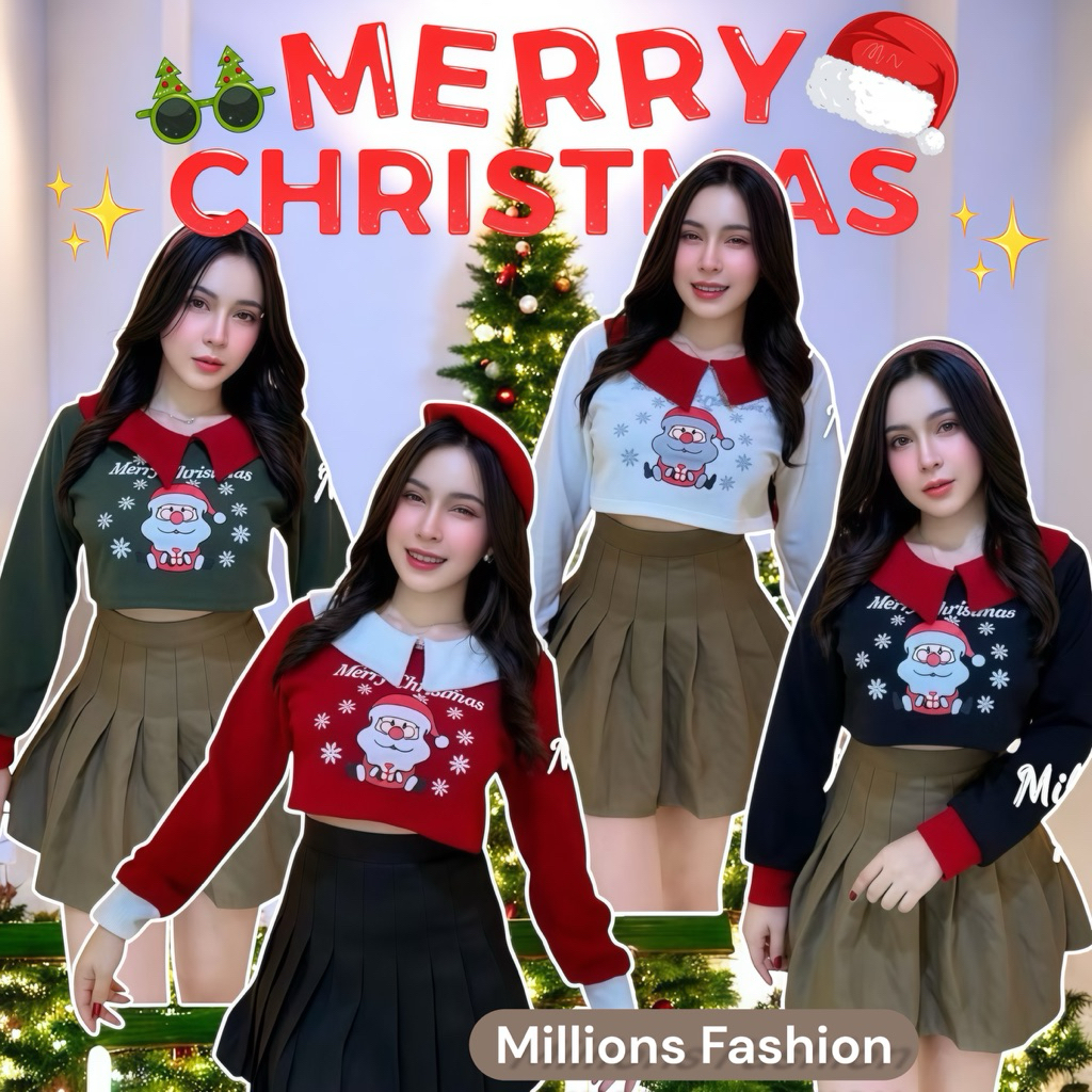 💰Pangpang💰 เสื้อครอป สกรีน คริสมาส แขนยาว ผ้าวูลเวฟ รอบอก32-36“