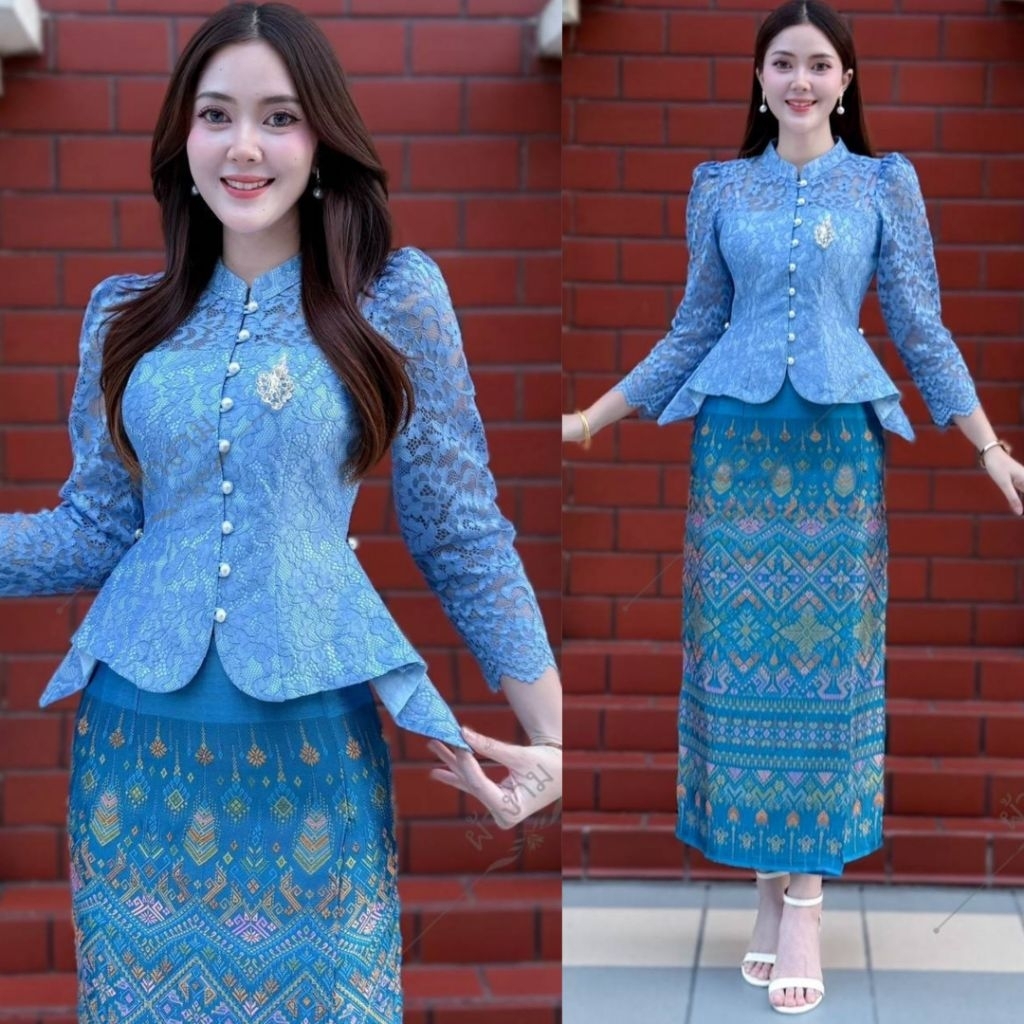 KK - KO (ขายแยก) เสื้อลูกไม้อิตาลีแขนยาวสีฟ้า คอจีน ระบายชายเอว มีอก32-44 ผ้าถุงผ้าไหมแกมฝ้ายทอลาย ชุดไทยสีฟ้าใส่ไปทำบุญ