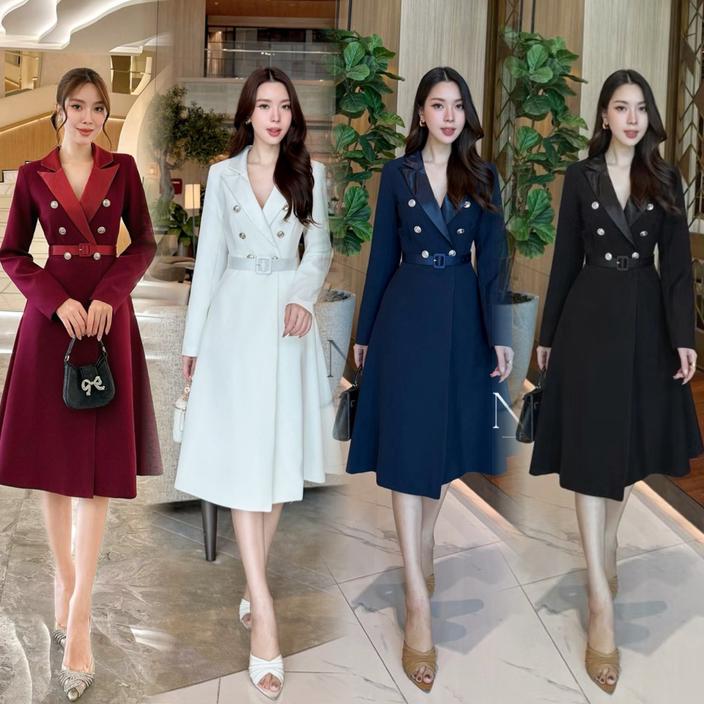 NABI•ชุดเดรสสูท ใส่ทำงารออกงาน เสริมไหล่ คอปกเงา