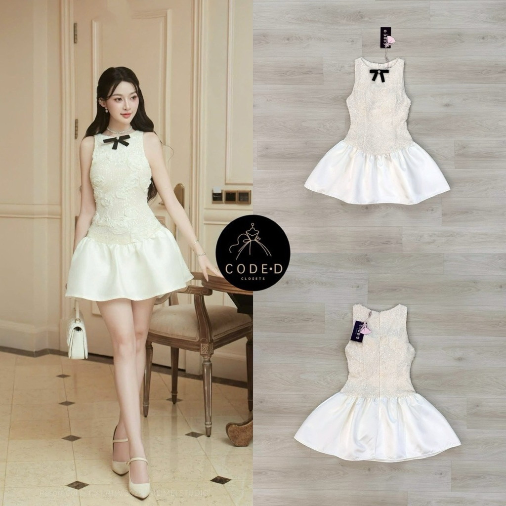 CODE-D CLOSETS มินิเดรสคอกลมแขนกุดผ้าลูกไม้ตาข่ายปักเลื่อมลูกปัด ลวดลายอดกไม้สีครีม