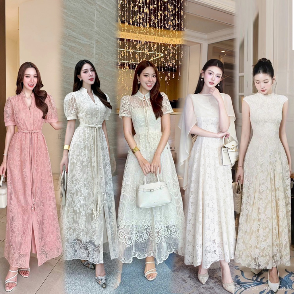 S-XXL ชุดเดรสลูกไม้สวยๆโทนสีครีม,ขาว,ชมพู,ดำ,น้ำตาล,ฟ้า ใส่ทำบุญ,งานบวช งานแต่ง #Lalabelle #lalada