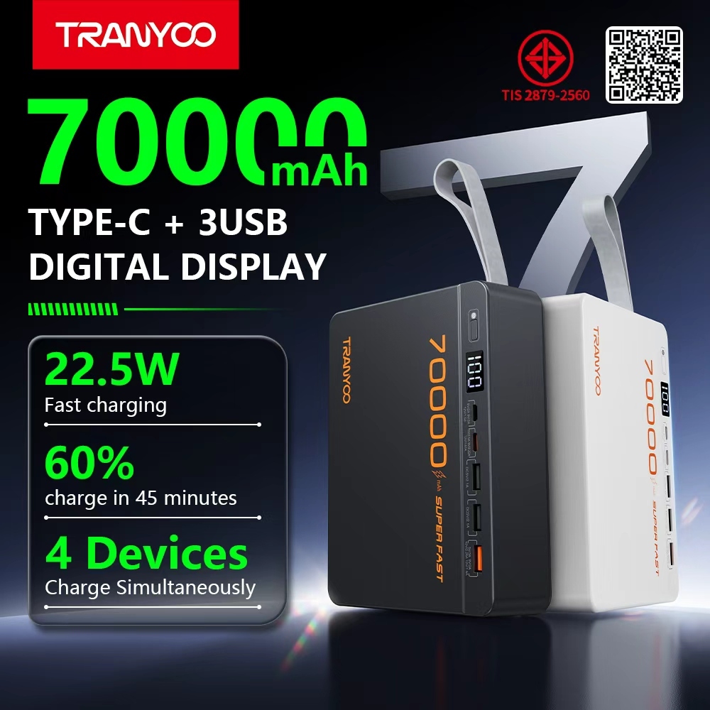 TRANYOO 【TIS】 F17 พาวเวอร์แบงค์ 70000mAh ชาร์จเร็ว 22.5W ชาร์จได้หลายอุปกรณ์ ความจุขนาดใหญ่ จอแสดงผล