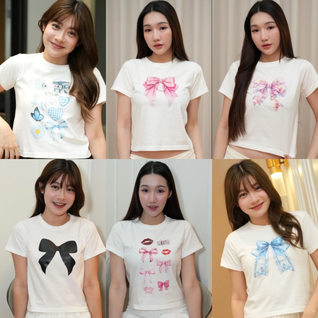Ribbon Crop Top เสื้อยืด เสื้อครอป พิมพ์ลาย โบว์ ลายการ์ตูน เสื้อน่ารัก ผ้าคอตตอน cotton แฟชั่น ผู้หญิง genY genZ ผญ