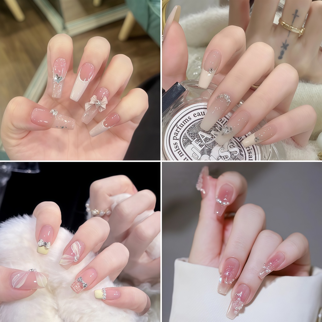 【ชุดเครื่องมือฟรี】เล็บแฟชั่น ไล่โทนสี เล็บปลอม เล็บมือ สีสวย แฟชั่นสีเล็บ น่ารัก สไตล์ฝรั่งเศส พร้อมส่ง หลากหลายสไตล์