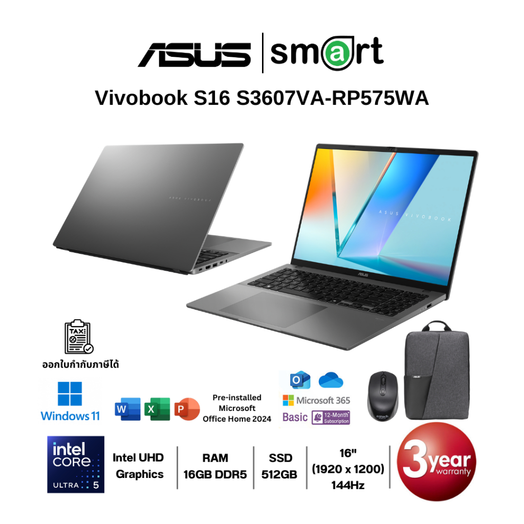 ASUS Vivobook S16 S3607VA-RP575WA Core 5 210H/16GB/512GB/16.0/Win11+Office (Matte Gray)