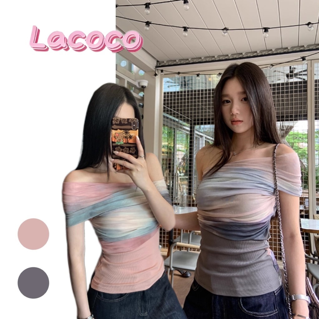 Lacoco🍓คลังสินค้าพร้อม🍓เสื้อถักตาข่ายเปิดไหล่สำหรับผู้หญิง สไตล์ฤดูร้อนหวานและเผ็ด ดีไซน์ไหล่ข้างเดียว
