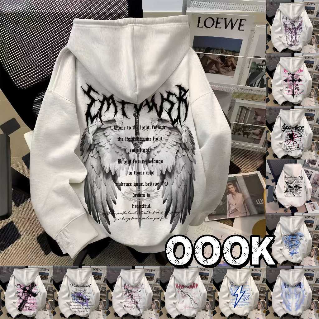 เสื้อสเวตเตอร์ฮู้ดลายปีกปีศาจสไตล์อเมริกัน เนื้อในบุขนฟูและหนาพิเศษ ทรงหลวม ดีไซน์ unisex สำหรับฤดูใบไม้ร่วงและฤดูหนาว