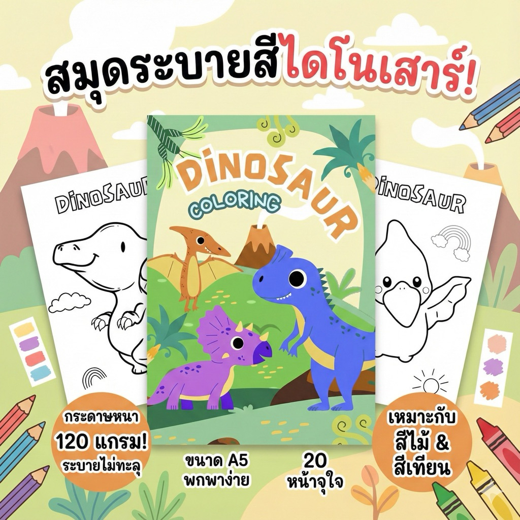 สมุดระบายสีสำหรับเด็ก ขนาด A5 หมวดไดโนเสาร์