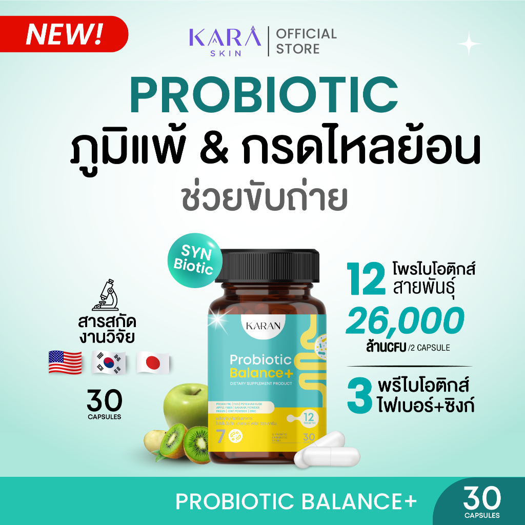 KARAN Probiotic(สู้PM2.5+ปรับสมดุลลำไส้)โพรไบโอติก12สายพันธุ์+พรีไบโอติก3+Fiber3 ขับถ่าย กรดไหลย้อน