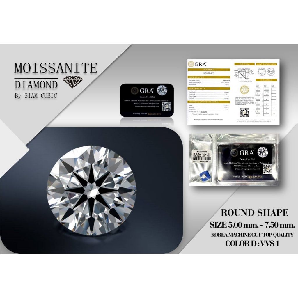 โมซาไนท์-กลม( Size 5.00mm.-7.50mm.)(D:Color,VVS1)(Mois-เพชรโมอีส)Moissanite-เพชรสังเคราะห์ ROUNDSHAPE จำหน่ายเป็นเม็ด