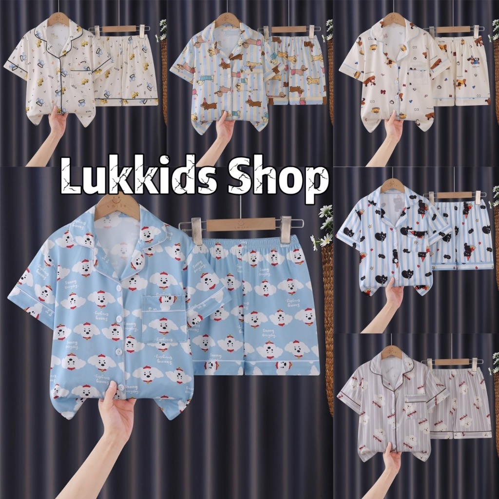 ชุดนอนเด็กคอปกแขนสั้นพิมพ์ลายน่ารัก 110cm-150cm นื้อผ้านุ่มใส่สบาย