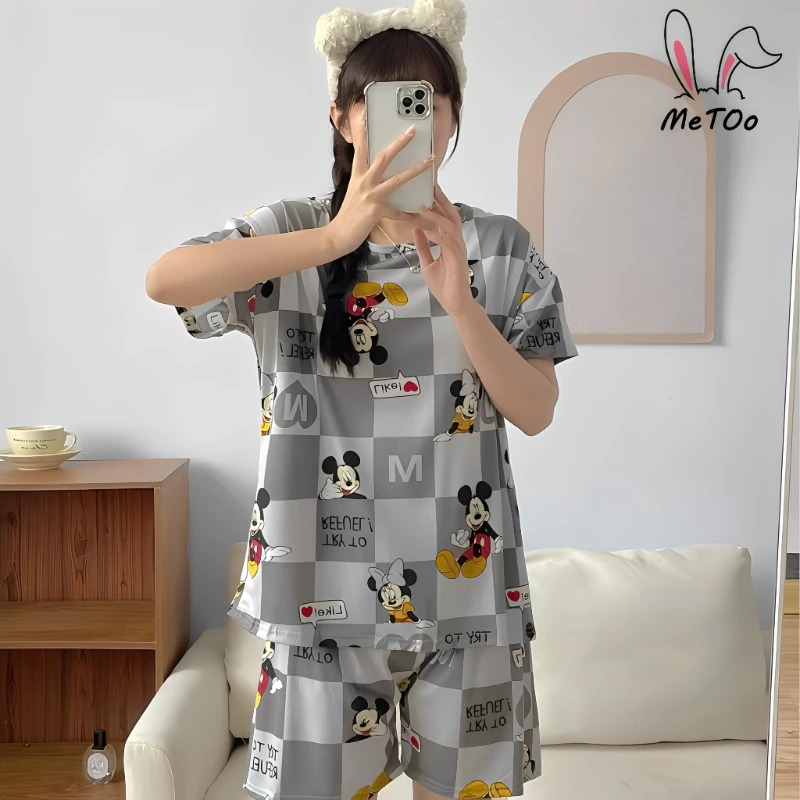 MeToo ผ้าฝ้ายสไตล์ญี่ปุ่นชุดนอนผู้หญิงแขนสั้น ทรงหลวมมีหลายสีผ้าลื่นๆใส่นอนไม่ร้อนระบายอากาศได้สบาย ชุดนอนคอกลม+กางเกงนอ