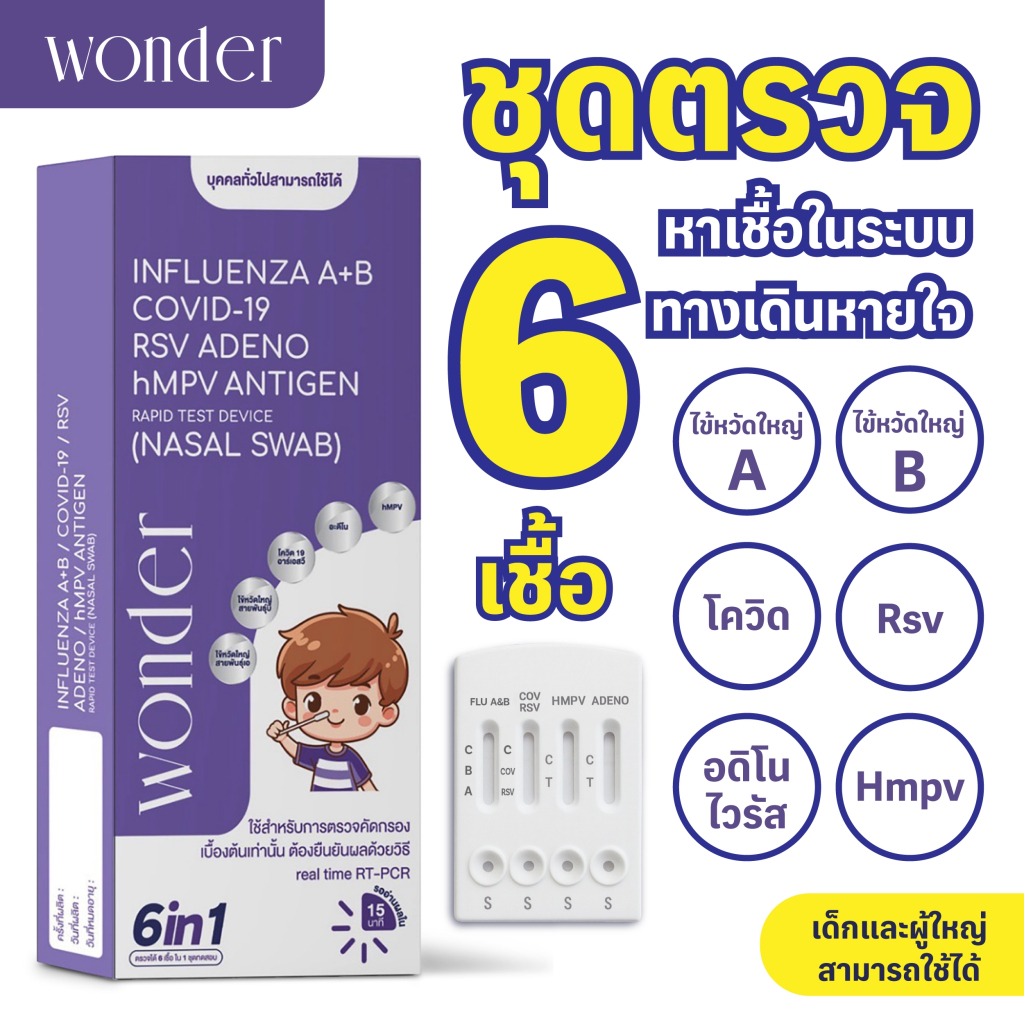 ชุดตรวจ 6 เชื้อ ไข้หวัด A/B, RSV, Covid-19 ,ADENO, hMPV  เด็กและผู้ใหญ่ Wonder Wonder home use