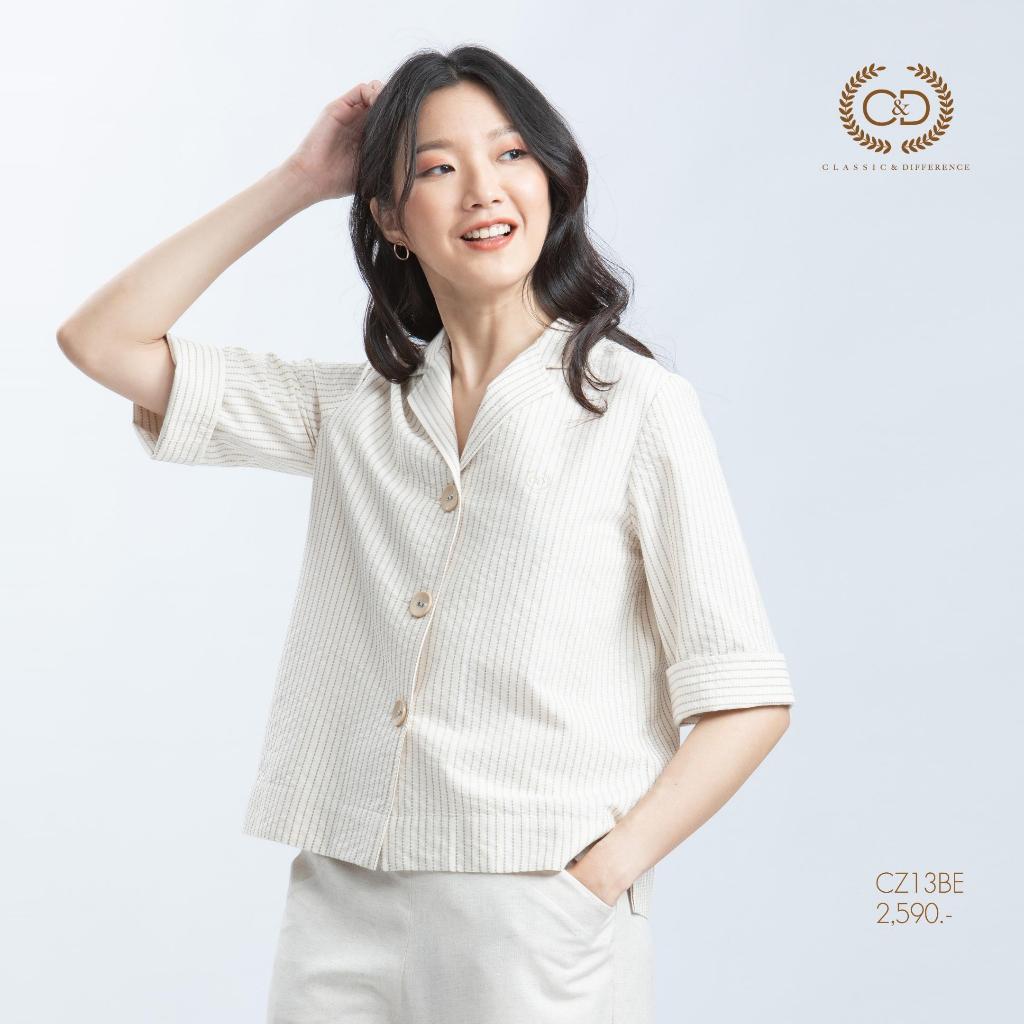 C&D woman's blouse Minimal Beige เสื้อผู้หญิง ลายปัก ปกฮาวาย แขนสามส่วน สีเบจ CZ13BE