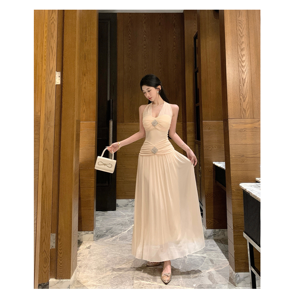 แม็กซี่เดรส คล้องคอ ผ้าตาข่าย อกและเอวจับจีบแต่งเพชร หลังยางยืด กระโปรงทรงเอ ชุดออกงาน ชุดไปทะเล #8168 - รูปที่ 6