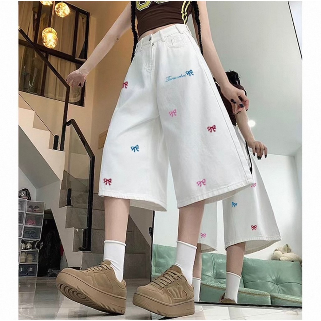 พร้อมส่ง S-10XL กางเกงยีนส์ 7 ส่วน 4 กระเป๋า งานปักโบว์ ผ้ายีนส์นิ่มไม่บางระบายอากาศได้ดี ราคา ถูกที่สุด ดีลบีเคเค แกลเลอรีภาพที่ 4