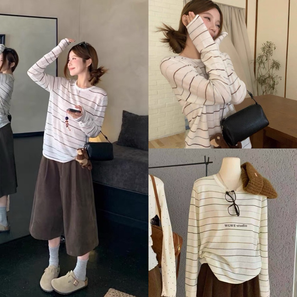 ส่งด่วน 🛵 𝐖𝐆.𝐖𝐄 8025 เสื้อแขนยาวไหมพรมทอลายทางโทนสีละมุน เนื้อผ้าไม่หนา เนื้อนุ่ม