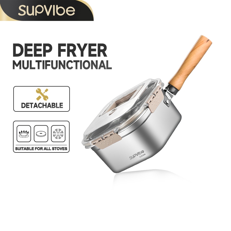 SUPVIBE หม้อทอดสแตนเลส หม้อทอดสี่เหลี่ยม กล่องใส่อาหารสแตนเลส พร้อมตะแกรงนึ่ง ตะกร้าทอด ที่คีบอาหาร