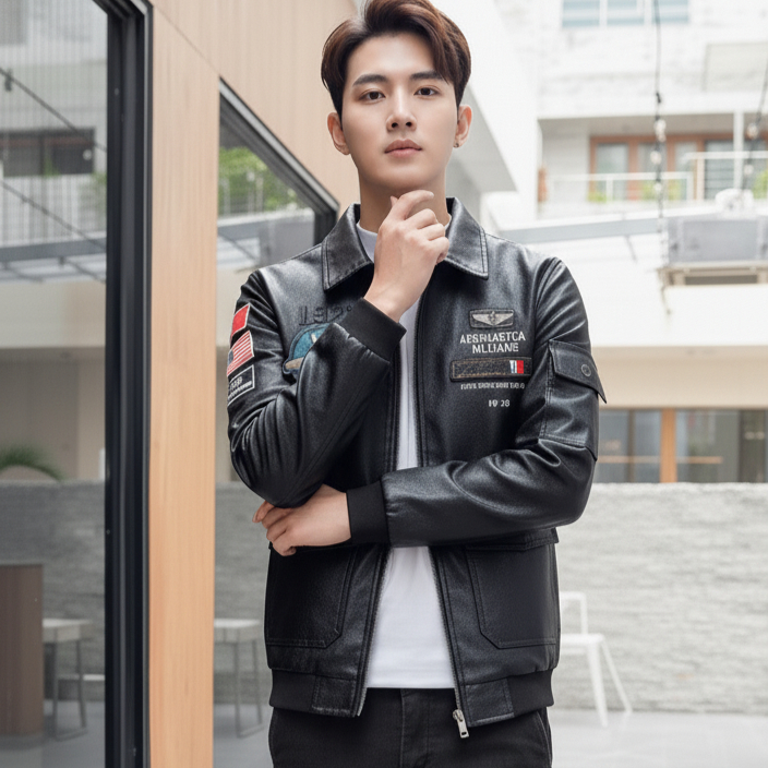 CODเสื้อผ้าผู้ชายอินเทรนด์ เสื้อแจ็กเก็ตหนังผู้ชาย ผ้าดี รูปที่ 2