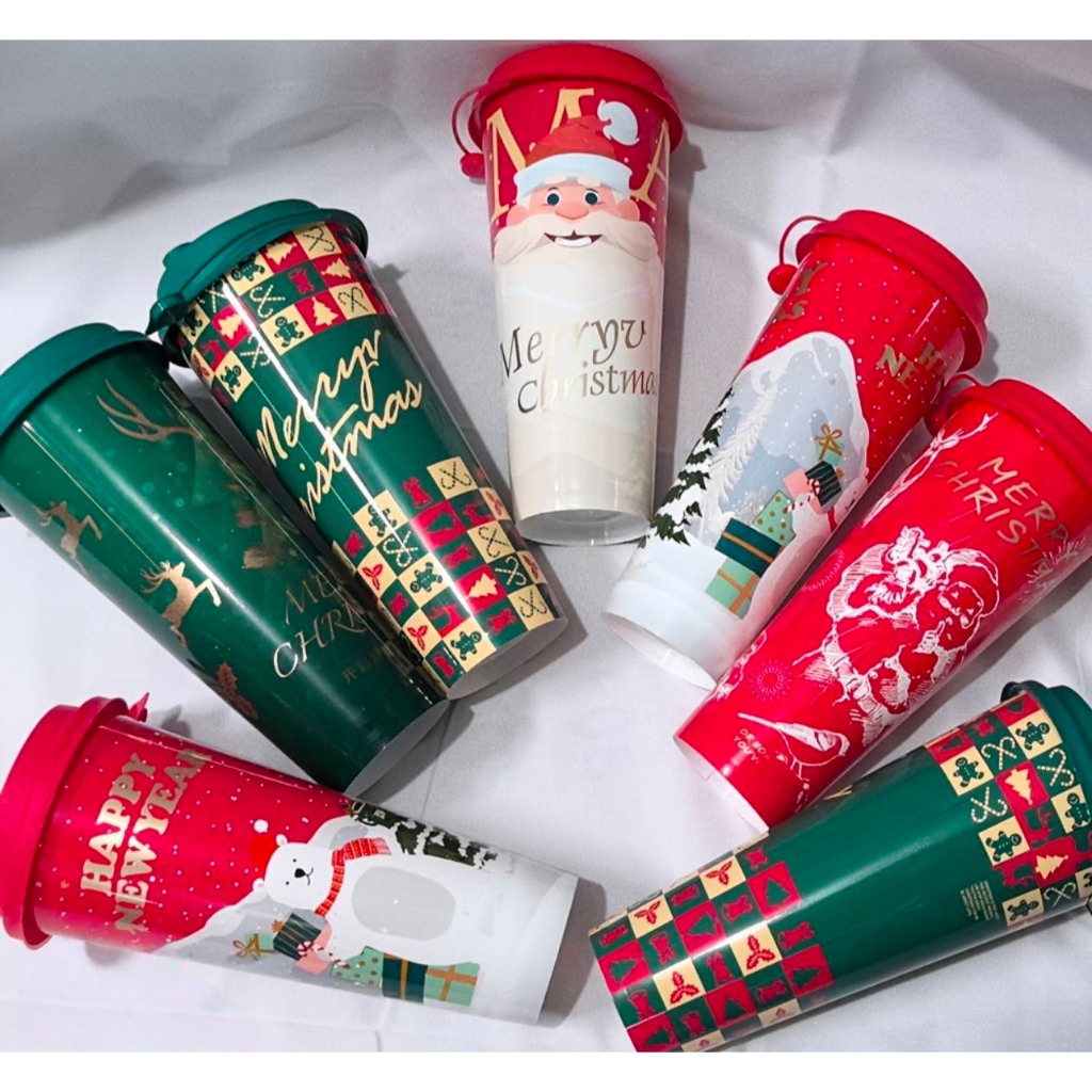 【25ใบ】แก้วพลาสติกPPอย่างหนาลายคริสต์มาสขนาด22ออนซ์แก้วreus